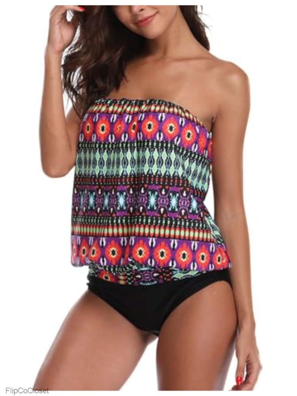 Two Piece Bandeau Tankini Swimsuits Loose Blouson Swim Top Bikini Bottom Tummy